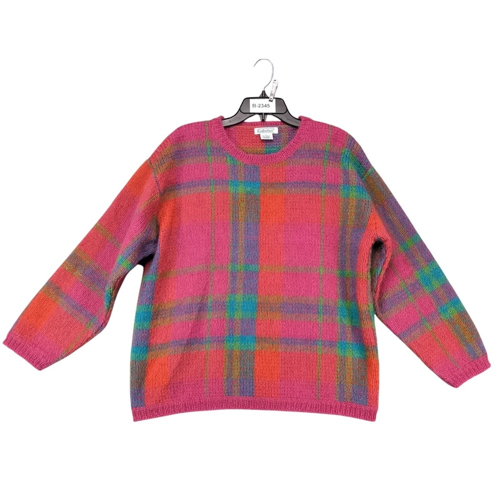 Vintage 80s Gallagher Pink Plaid Pullover Sweater Womens L Mohair Wool Fuzzy